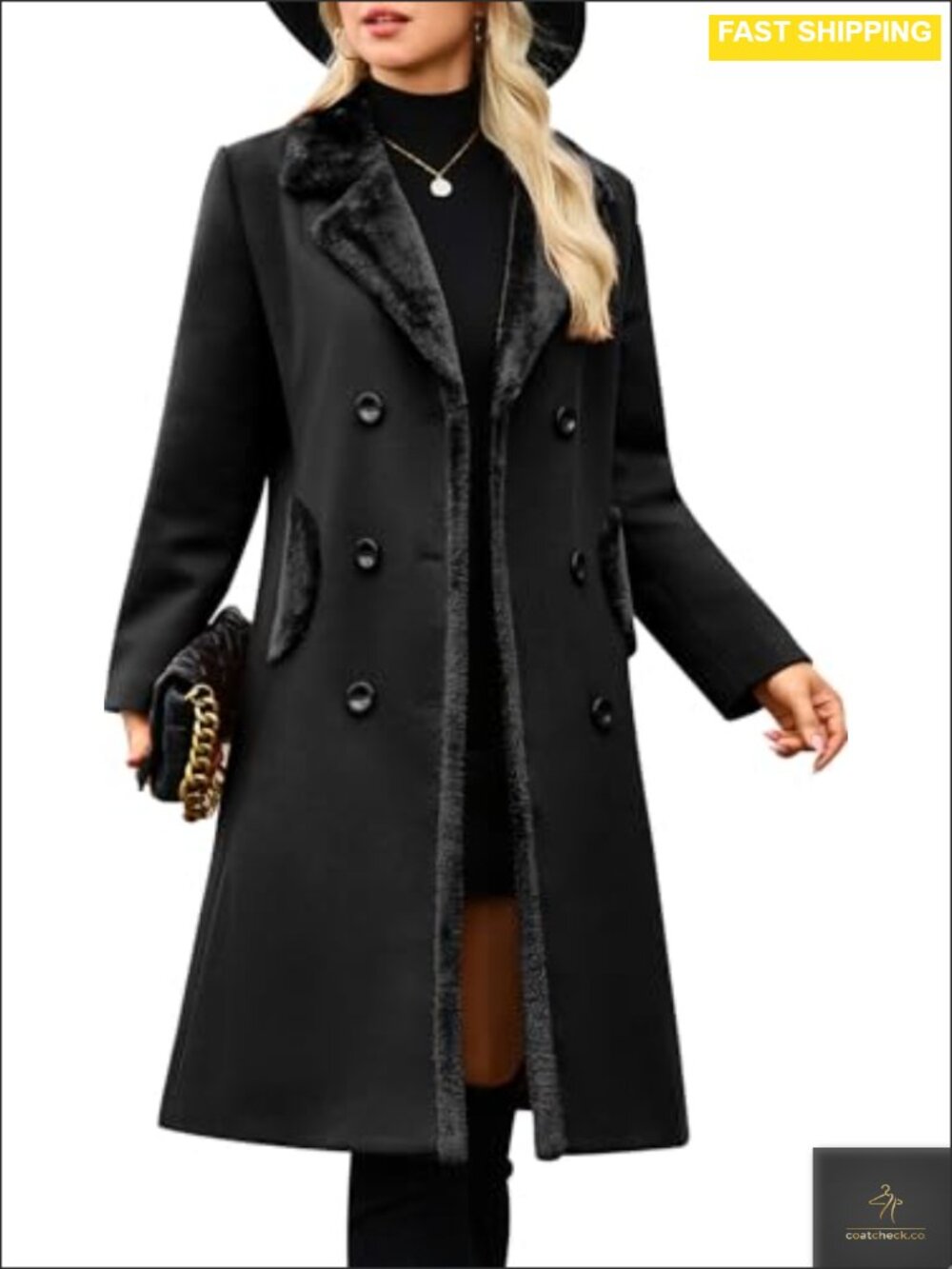 Women's Winter Pea Coat Double Breasted Faux Fur Collar Wool Blend Overcoat